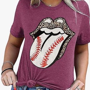 Women Leopard Tongue Lips Baseball  T-Shirt -XL